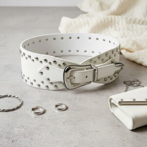 Faja Corset Cinturon Ancho Eco Cuero Tachas Y Puntera 8 Cm. Blanco Lisa 160057 90