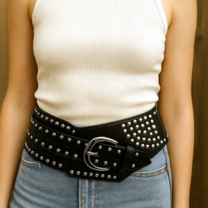 Faja Corset Cinturon Ancho Eco Cuero Con Tachas De Mujer 9cm