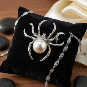 Prendedor Con Strass Y Perla Araña Plateado Con Alfiler Plateado