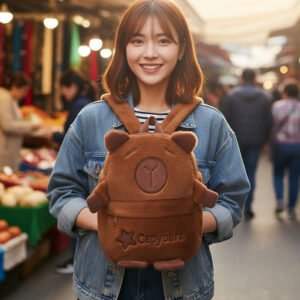 Mochila Infantil Peluche Capibara Carpincho Cierre 30x 24 Cm Marrón Liso