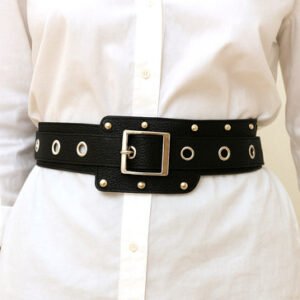 Cinturon Ancho Faja Tachas Y Ojalillos Eco Cuero Negro 6 Cm Negro Lisa 100