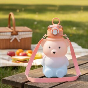 Botella Infantil Osito Skora Con Correa Tapa Sorbete 750 Ml Rosa
