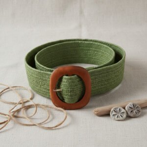 Cinturon Rafia Yute Elastizado Hebilla De Madera 5 Cm Verde Musgo Lisa 108