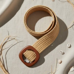 Cinturon Rafia Yute Elastizado Hebilla De Madera 5 Cm Camel Lisa 108